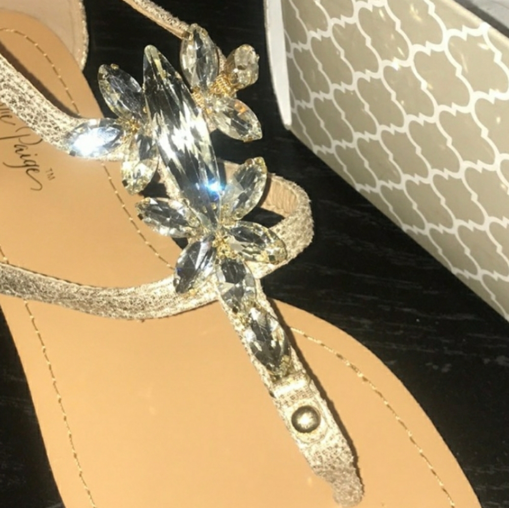 Charlie Paige Gold Sandals with Rhinestone on Top.